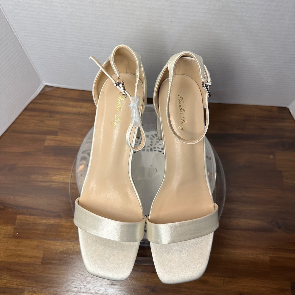 Elisabet Tang Champagne Satin Block Heel Sandals Square Toe Ankle Strap Womens - Picture 4 of 11